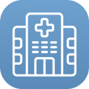 קווי מתאר לבנים של בניין בית חולים עם צלב רפואי על רקע כחול מעוגל.