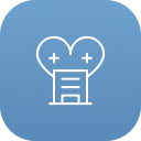 קווי מתאר לבנים של בניין בית חולים עם צורת לב מעליו, על רקע כחול.