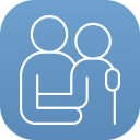 ריבוע כחול עם קווי מתאר לבנים של אדם המחזיק במקל.