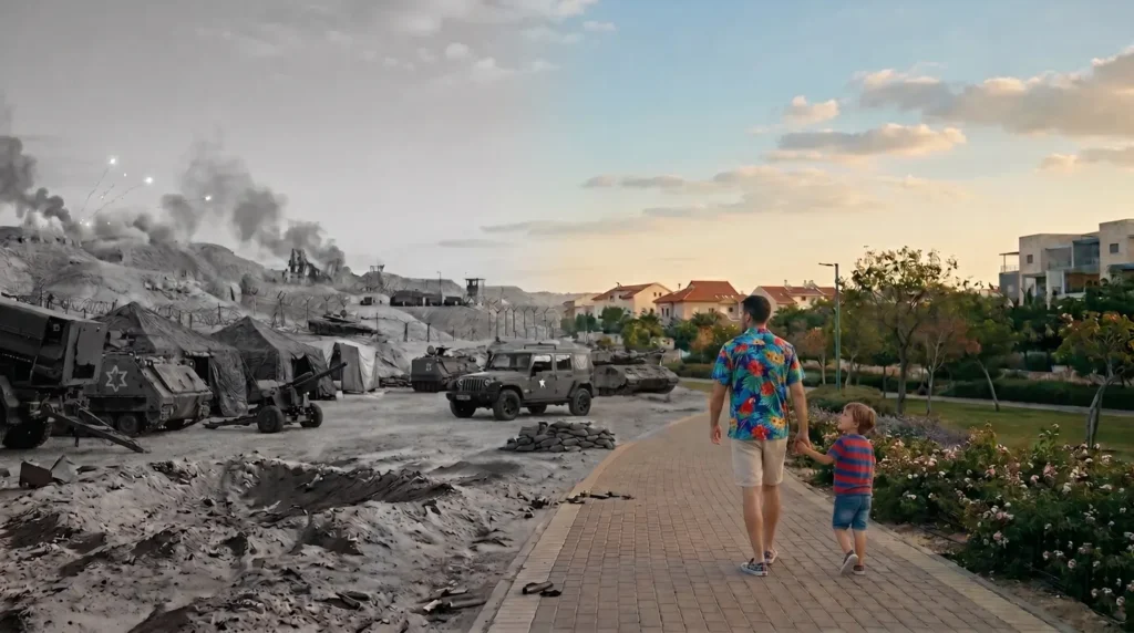 גבר וילד הולכים בשביל; מצד אחד נראית שכונת פרברים מודרנית ושלווה, ומצד שני – תמונה בשחור-לבן מתקופת המלחמה, עם כלי רכב צבאיים ועשן.