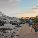גבר וילד הולכים בשביל; מצד אחד נראית שכונת פרברים מודרנית ושלווה, ומצד שני – תמונה בשחור-לבן מתקופת המלחמה, עם כלי רכב צבאיים ועשן.