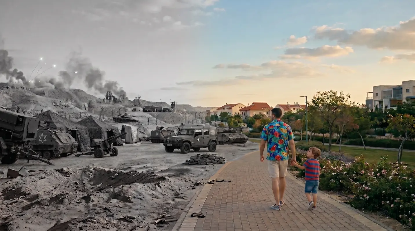 גבר וילד הולכים בשביל; מצד אחד נראית שכונת פרברים מודרנית ושלווה, ומצד שני – תמונה בשחור-לבן מתקופת המלחמה, עם כלי רכב צבאיים ועשן.